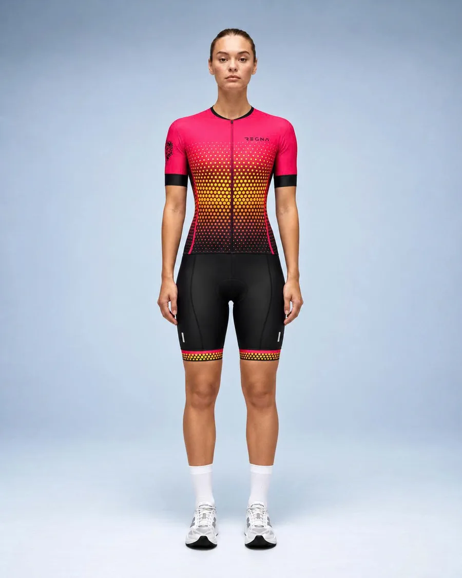 REGNA women's cycling kit, pink and orange